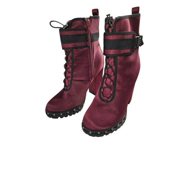 Burgundy Satin High-Heel Combat Boots Studded Soles Womens Size 7 - Picture 1 of 7